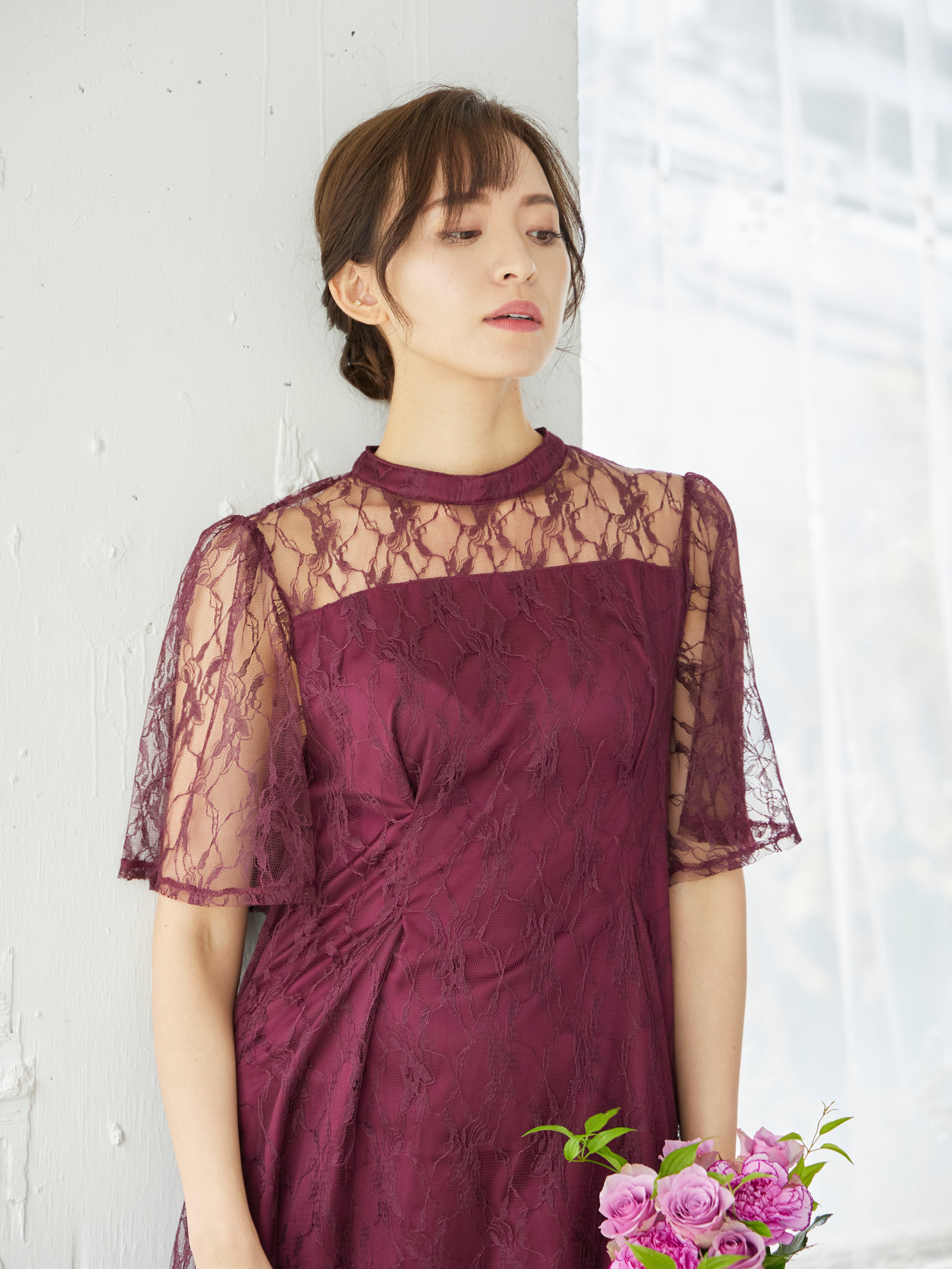 [レンタル] BELINDA DE CAPRIS 総レースフレア袖 ハイネック ワンピースドレス ワインレッドの宅配レンタル - 18