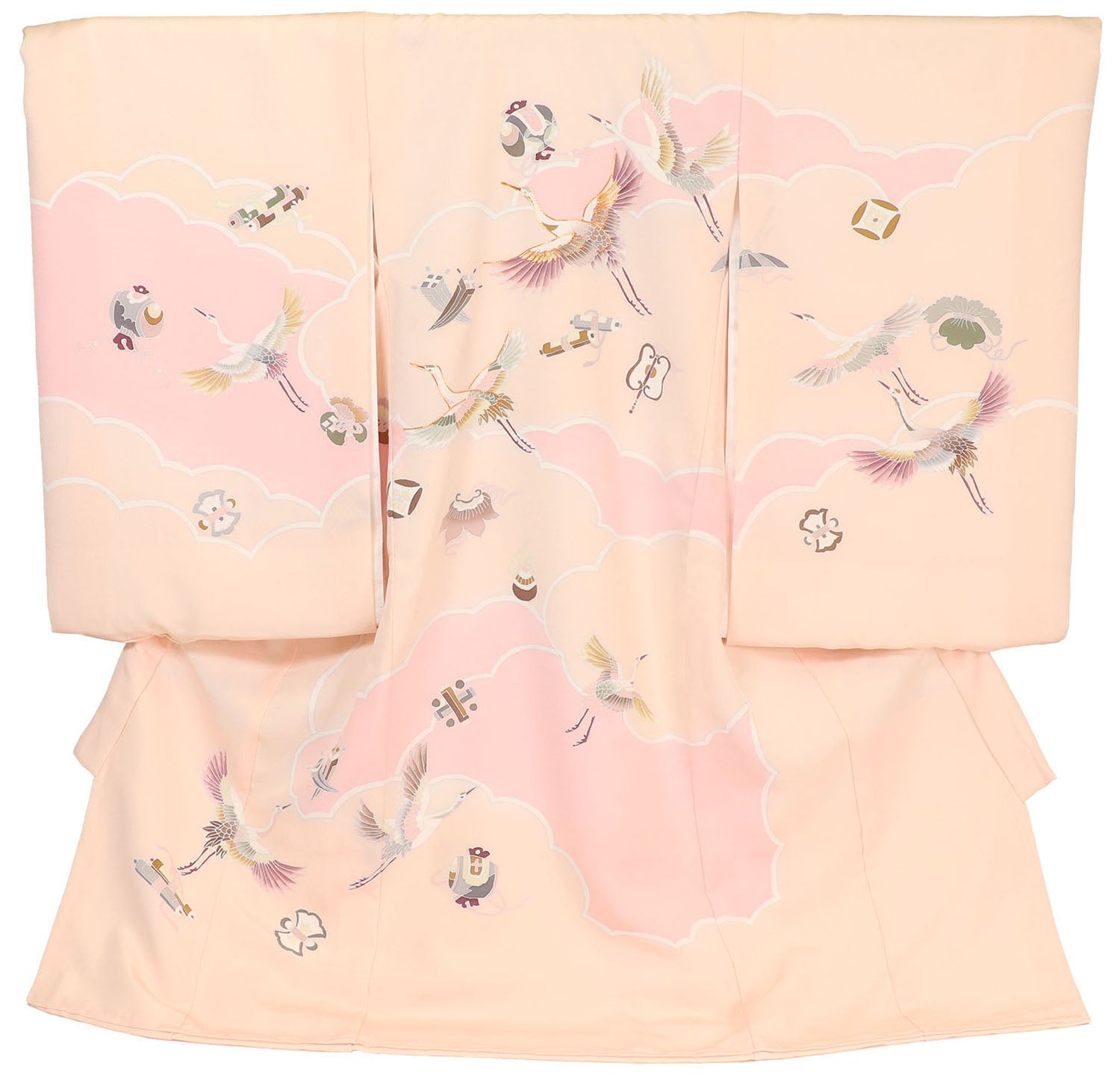 女の子 お宮参り 産着 レンタル6点フルセット 正絹 鶴に宝づくし クリーム色に薄ピンク